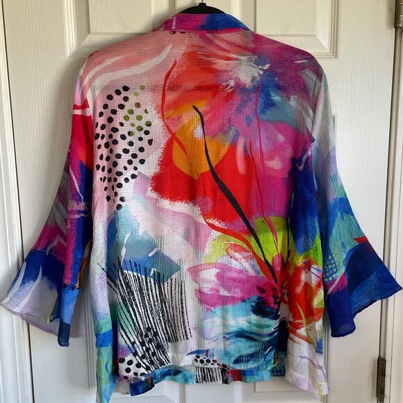 Ali Miles Colorful Abstract Print Artsy Top Pockets Button Front 3/4 Bell Sleeve - Picture 3 of 13